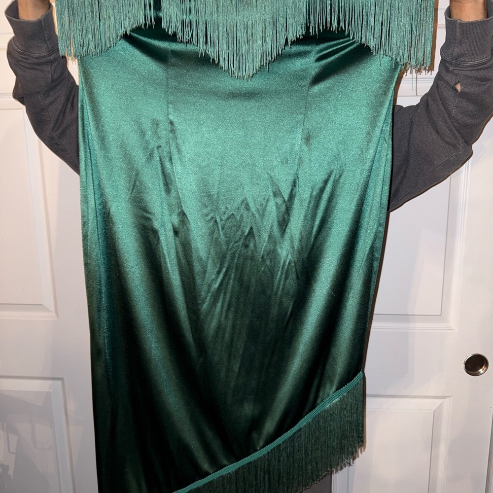 Emerald Green Satin Fringe Midi Dress